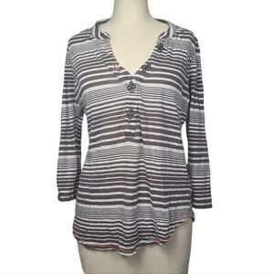 Anthropologie C. Keer Chasing Rainbow Henley Striped Tab Sleeve V Neck Shirt L